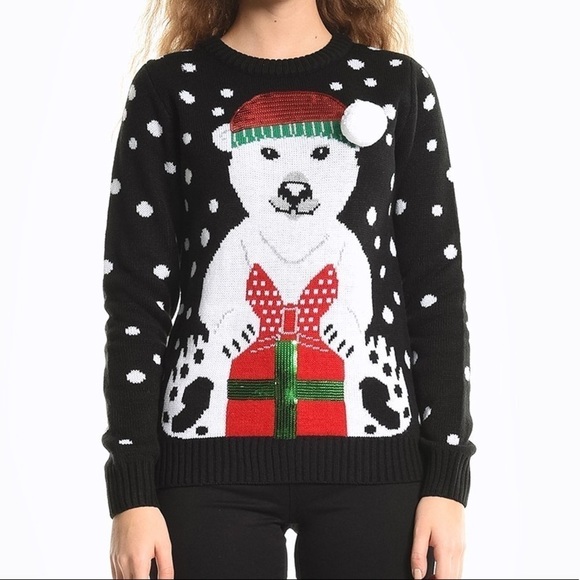 Vintage🧚♀️black ugly Christmas polar bear with polka dot print sweater size M - Picture 3 of 15